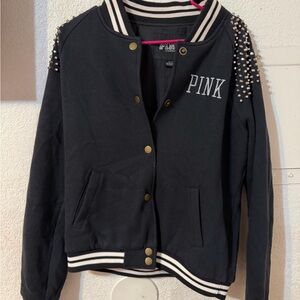 PINK Victoria's Secret Black Embellished Varsity Jacket with White Trim